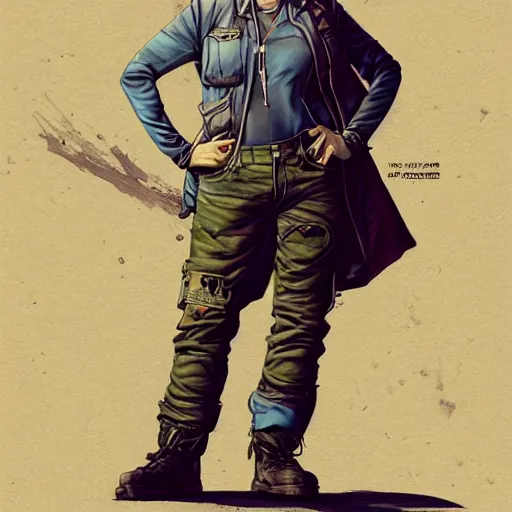 Image similar to tattooed stoic heroic emotionless butch blonde woman aviator with short slicked - back hair, wearing dark - lensed victorian goggles, wearing distressed dirty ripped flight suit, moebius, rough paper, behance hd by jesper ejsing, by rhads, makoto shinkai and lois van baarle, ilya kuvshinov, rossdraws global illumination.