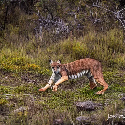 Image similar to Tasmanian Tiger in the wilderness, (Sony a7R IV, symmetric balance, polarizing filter, Photolab, Lightroom, 4K, Dolby Vision, Photography Award)