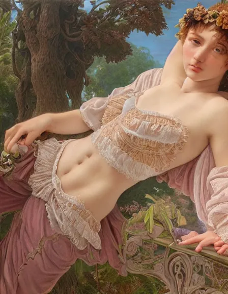 Prompt: a detailed hyperrealistic renaissance angel wearing an intricate and detailed lace bralette and pants set, suspenders, honey birdette, realistic renaissance portrait, highly detailed, digital painting, artstation, concept art, smooth, sharp focus, illustration, cinematic lighting, art by artgerm and wlop and alphonse mucha and jacques louis david and john william godward