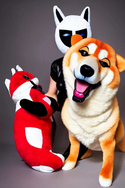 Image similar to lady gaga dressed as harley quinn attacked by plush shiba inu, plush toy, luxury materials, symmetrical, cinematic, elegant, professional studio light, real dlsr photography, sharp focus, 4 k, ultra hd, sense of awe, high fashion