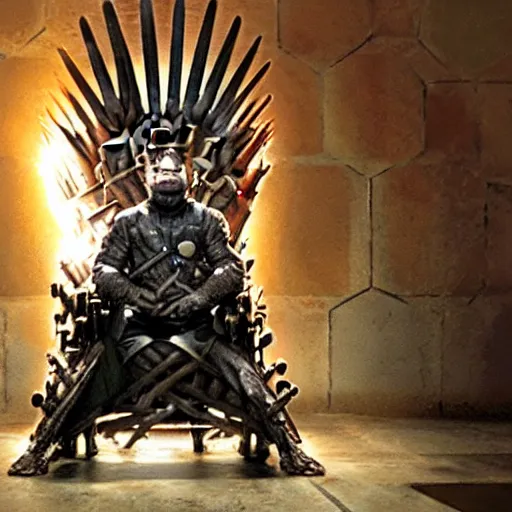 Image similar to the hatchling from outer wilds sitting on the iron throne of westeros