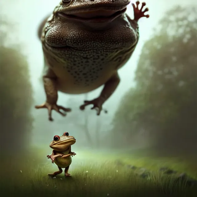 Prompt: epic professional digital portrait art of a smiling anthropomorphic toad on a morning stroll along the misty moors, best on artstation, cgsociety, wlop, Behance, pixiv, astonishing, impressive, outstanding, epic, cinematic, stunning, gorgeous, concept artwork, much detail, much wow, masterpiece.