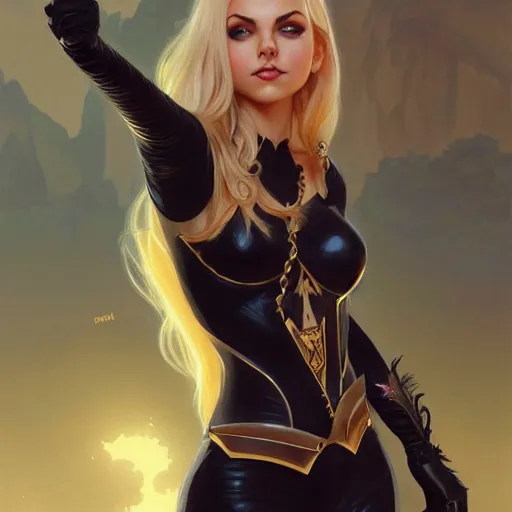 Image similar to Blonde Victoria Justice as Bat Girl, western, D&D, fantasy, intricate, elegant, highly detailed, digital painting, artstation, concept art, matte, sharp focus, illustration, art by Artgerm and Greg Rutkowski and Alphonse Mucha