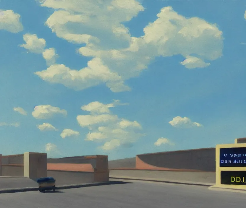 Image similar to a very detailed painting of one billboard which has written do aliens exist? on it, baby blue sky with very aesthetic stylized clouds, in the style of edward hopper, very small brushstrokes, 4 k,