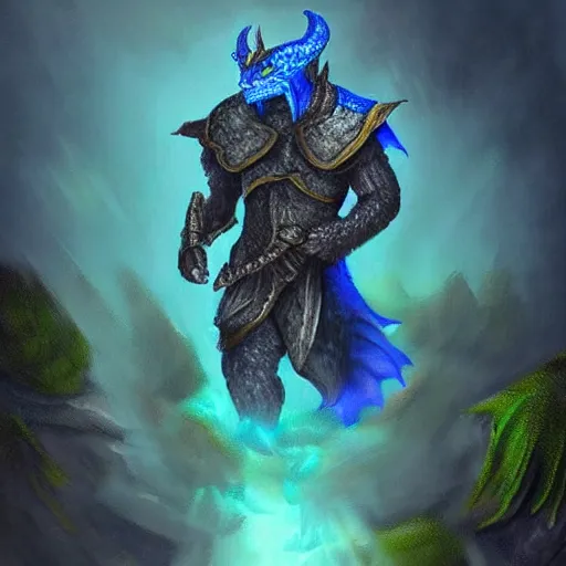 Image similar to A dragonborn with blue scales in a rainforest, trending on artstation, digital art