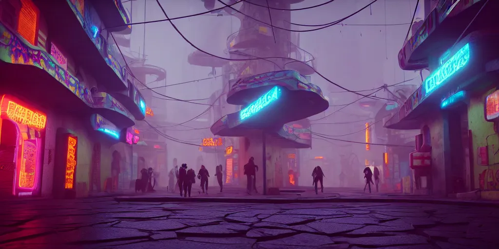 Image similar to a futuristic small mexican town cobbled street, blade runner 2 0 4 9 city architecture, mexican dia de muertos decorations, environmental lighting, stromy weather, ray tracing, people walking on street, amazing view, highly detailed, neon shops, octane render, unreal engine 5, 4 k