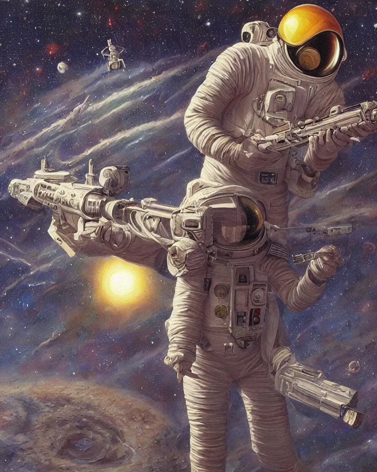 Prompt: a painting of a spaceman holding a rifle, concept art by barclay shaw, featured on deviantart, space art, concept art, sci - fi, cosmic horror