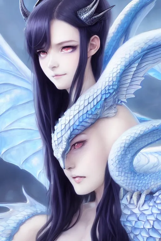 Image similar to character concept art of a woman with ice dragon horns and wings | | very anime, dragon scales, cute - fine - face, pretty face, realistic shaded perfect face, fine details by stanley artgerm lau, wlop, rossdraws, james jean, andrei riabovitchev, marc simonetti, and sakimichan, tranding on artstation