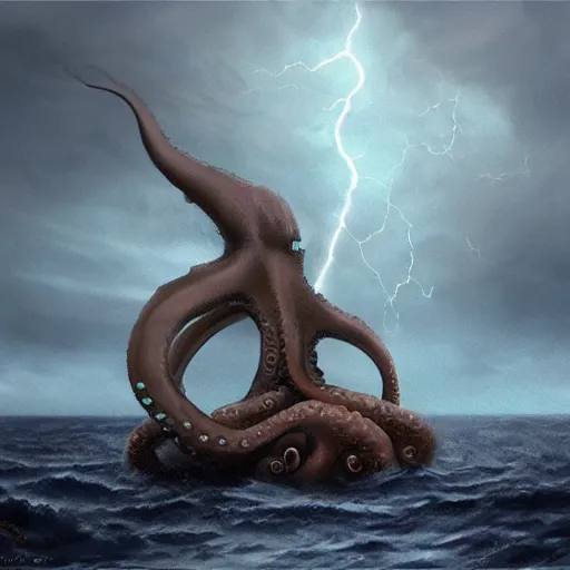 Prompt: giant octopus under sea boat during lightning storm, detailed digital art, realistic, trending on artstation