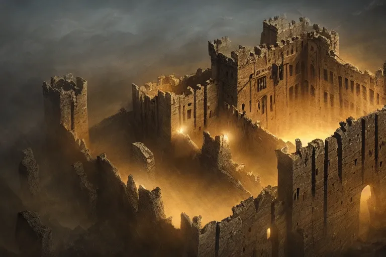 Prompt: giant ancient castle, cinematic, epic, dramatic lighting from above, dark, vines, fantasy, dust, unreal engine, octane, highly detailed, concept art, dark, super realistic