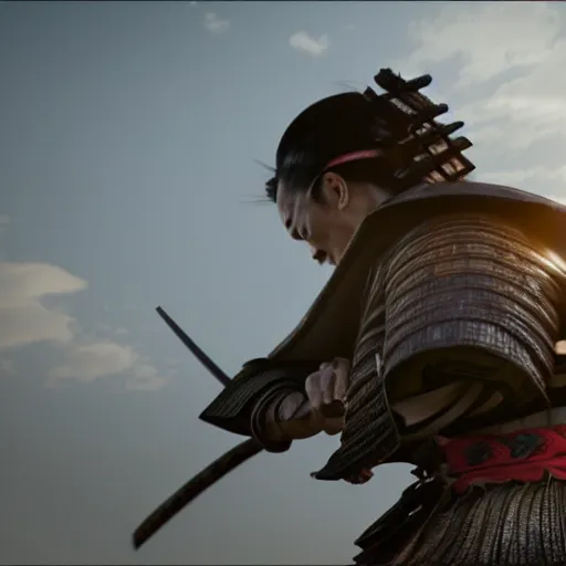 Image similar to samurai epic jump, movie shot, 35mm, feels epic, atmospheric, photo-real, 8K render, cinematic lighting