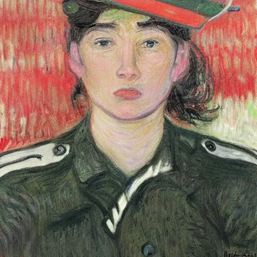 Image similar to a female soldier holding a a stapler to her own head and looking depressed by monet realistic, high details