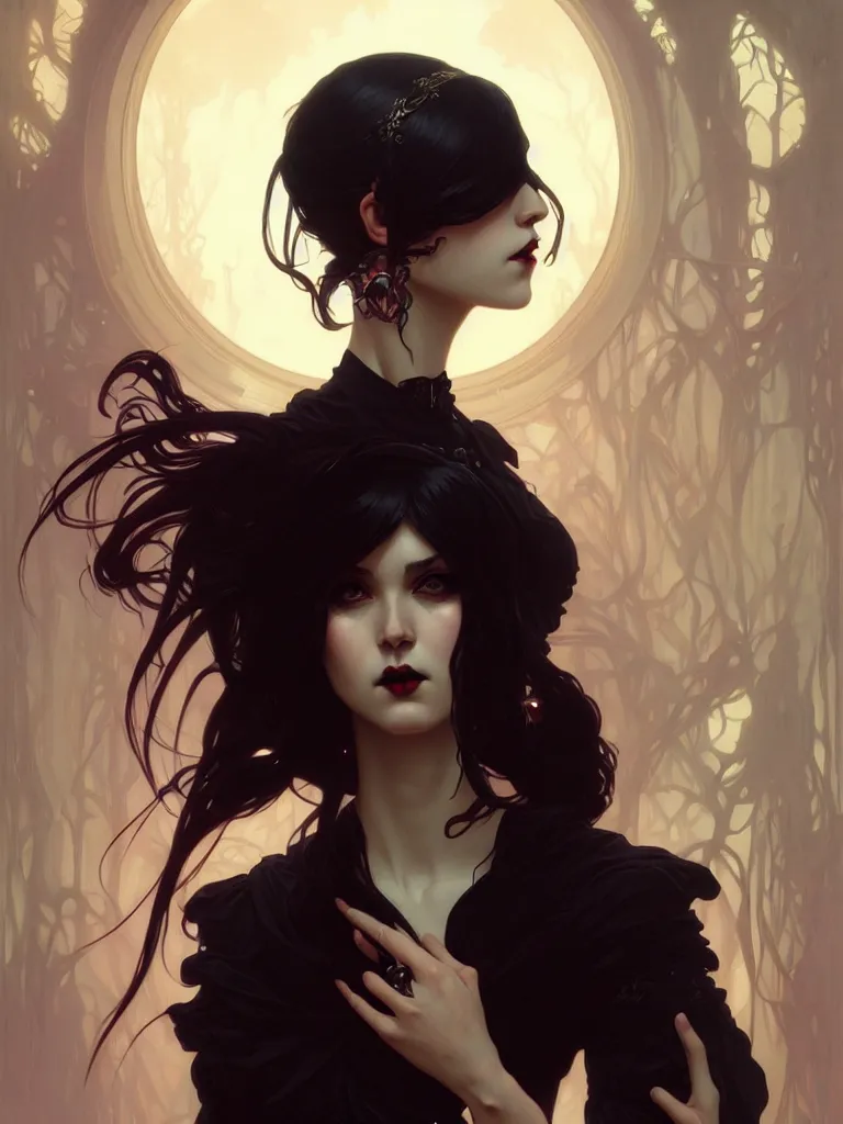 Image similar to a beautiful goth girl, fantasy, portrait, sharp focus, intricate, elegant, digital painting, artstation, matte, highly detailed, concept art, illustration, ambient lighting, art by ilya kuvshinov, artgerm, Alphonse mucha, and Greg Rutkowski