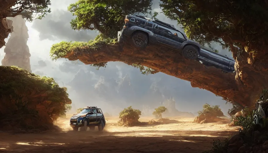 Image similar to an offroad suv designed by ford driving through madagascar with baobabs trees, artgerm and greg rutkowski and alphonse mucha, an epic fantasy, volumetric light, detailed, establishing shot, an epic fantasy, trending on art station, octane render, midsommar