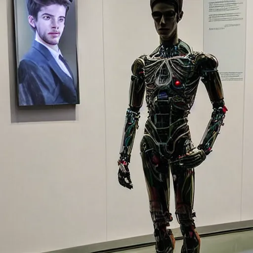 Image similar to “a realistic detailed photo of a guy who is an attractive humanoid who is half robot and half humanoid, who is a male android, actor Grant Gustin, shiny skin, posing like a statue, blank stare, at the museum, on display”