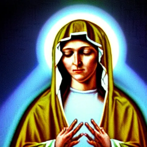 Prompt: vhs inference static pause of virgin mary, vhs, 1 9 9 0, highly realistic, highly detailed