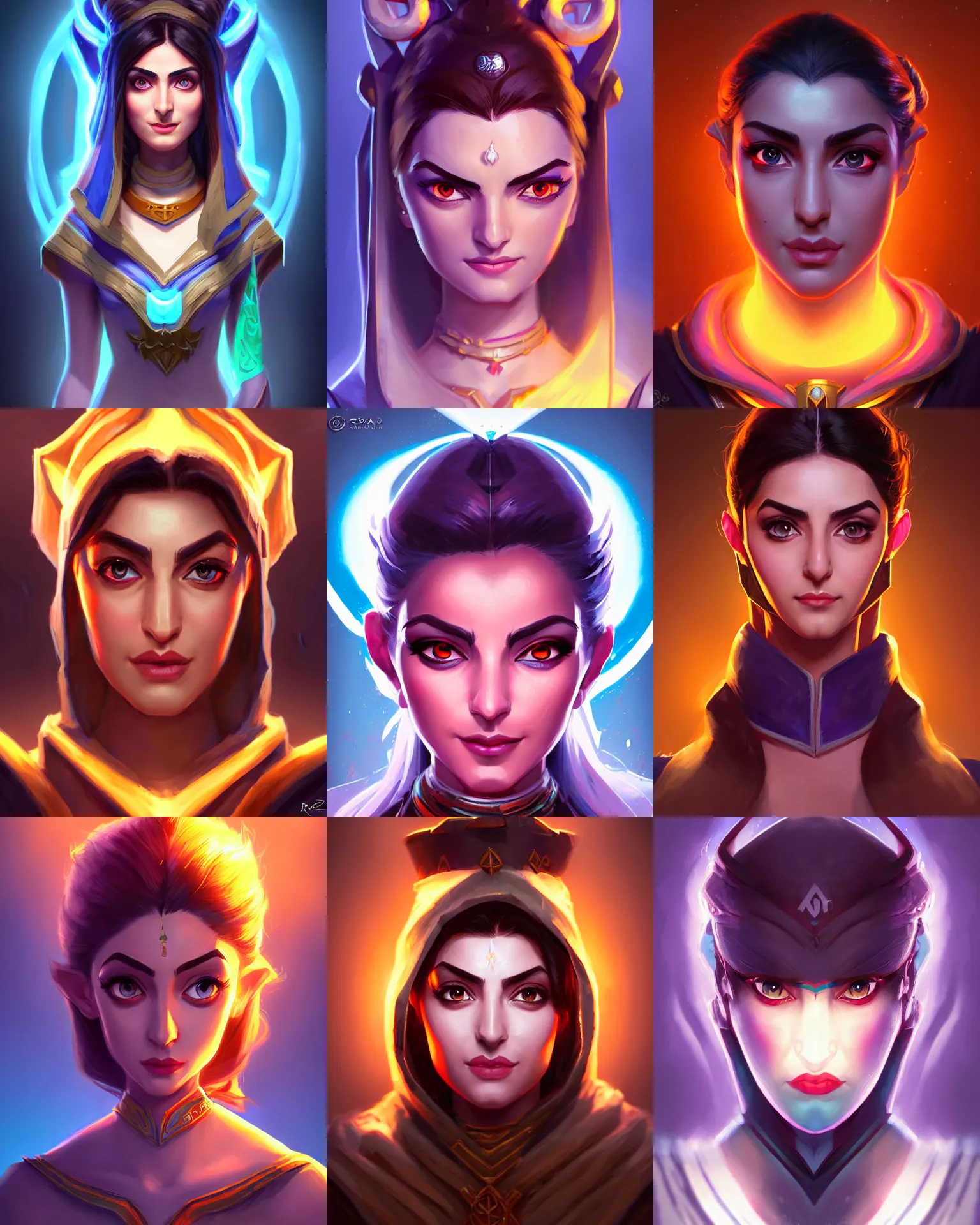 Prompt: head-on symmetrical centered painted portrait, Maya Ali as a D&D sorcerer, matte painting Arcane DOTA Blizzard pixar, maya engine on stylized background splash comics global illumination lighting artstation, by rossdraws