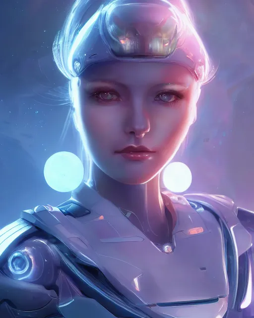 Image similar to perfect android girl on a mothership, warframe armor, beautiful face, scifi, futuristic, galaxy, nebula, raytracing, dreamy, long white hair, blue cyborg eyes, sharp focus, cinematic lighting, highly detailed, artstation, divine, by gauthier leblanc, kazuya takahashi, huifeng huang