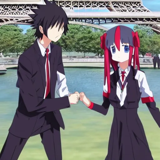 Prompt: Hikigaya Hachiman holding hands with Zero Two in front of the Eiffel Tower, anime style