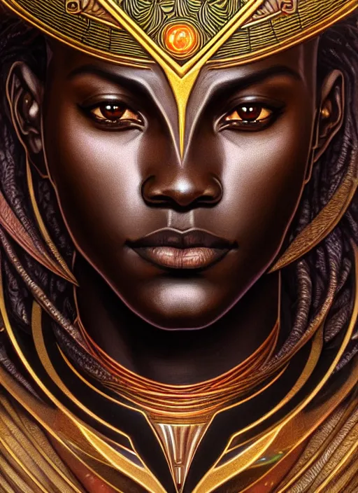 Prompt: close up portrait of ra african symbolism, dark bronze skin, male with strong jawline and angular features, sunburst halo by artgerm, cushart krenz, greg rutkowski, mucha. art nouveau. gloomhaven, swirly vibrant ripples, gaudy colors, sharp edges. ultra clear detailed. 8 k. elegant, intricate, octane render