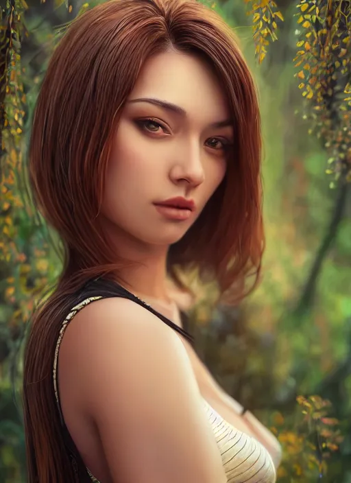 Image similar to photo of a gorgeous female in the style of stefan kostic, realistic, half body shot, sharp focus, 8 k high definition, insanely detailed, intricate, elegant, art by stanley lau and artgerm, bokeh foliage