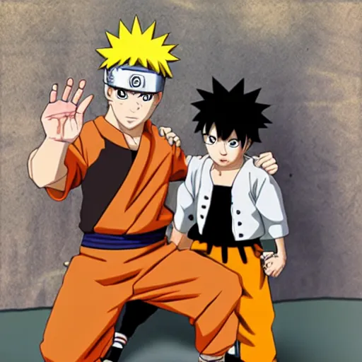 Prompt: naruto uzumaki and son goku hanging out