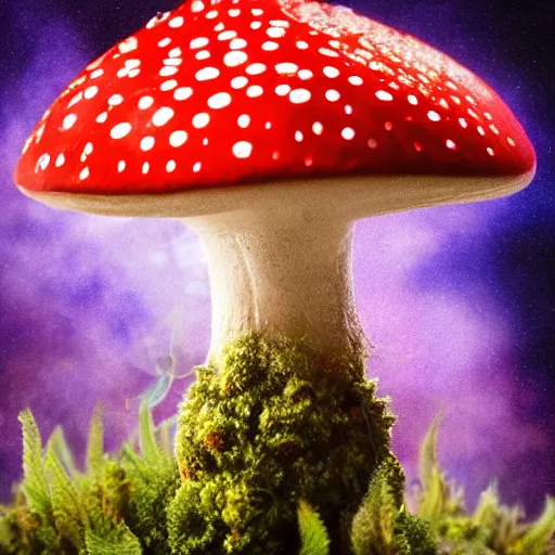 Image similar to amanita muscaria smoking weed, hyperreal, ethereal, realistic, space background
