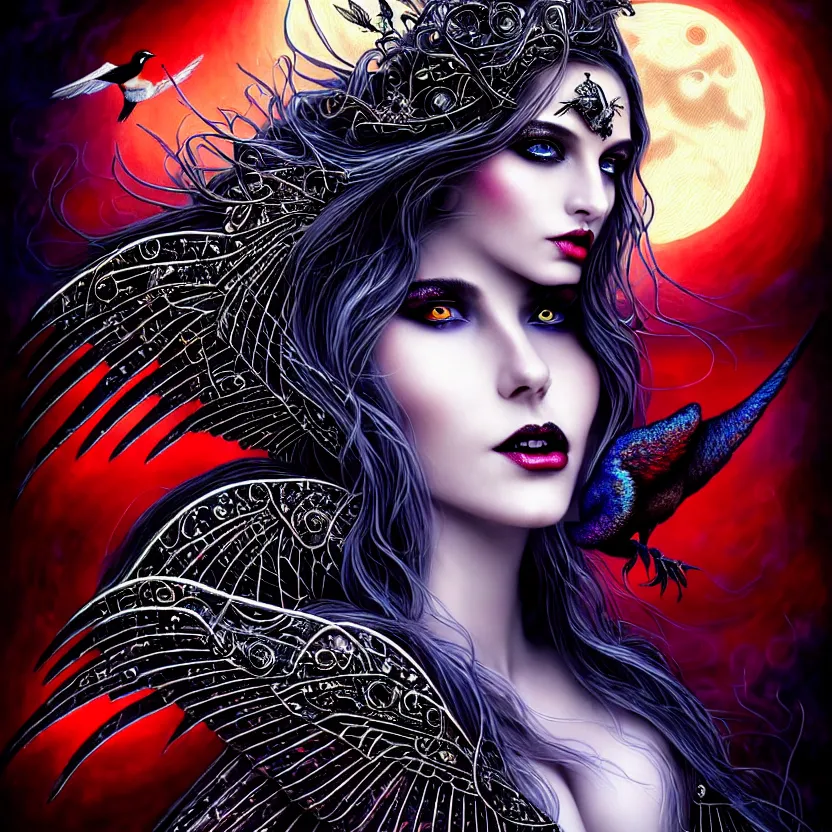 Image similar to close up portrait on the enchanting femenine witch, hyper attractive, seductive, very complex, hyper-maximalist, overdetailed, legendary cinematic, darkfantasy, archetype with timeless beauty breathtaking eyes & glowing wings, collossal moon rising behind her with bird shadows, highly intricate, digital art, very elegant, HDR 8K, biblical art, realism, incomprehensible yet perspicious detail, unbeatable quality, silent hill aesthetic, photorealistic, lifelike, DSLR 8k, unbeatable coherency, Omnious intricate, octane render, created Nixeu & z--ed from deviantart