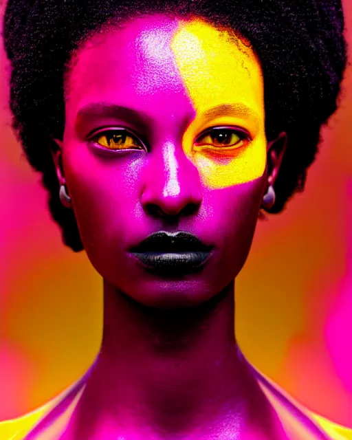Prompt: hyperrealist highly intricate neo-gothic portrait pink pearlescent exoskeleton beautiful black goddess concept art pascal blanche key sage dramatic yellow lighting 8k high angle shallow depth of field
