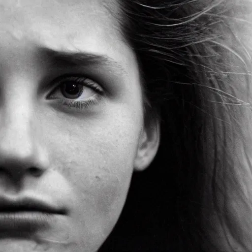 Image similar to a candid extreme closeup portrait of an expressive face of a focused young woman by annie leibovitz