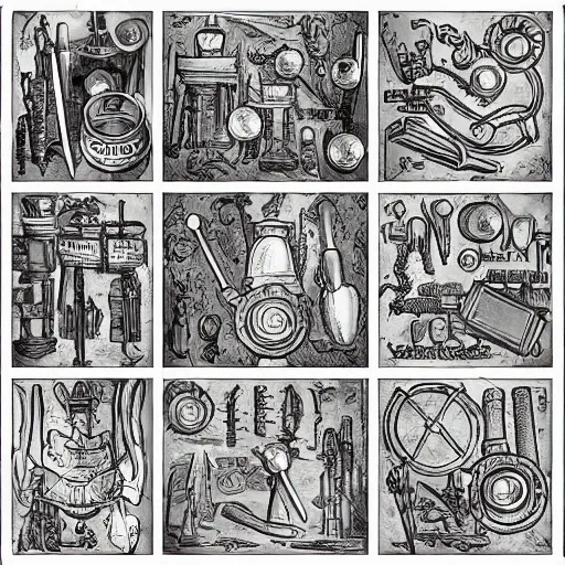 Prompt: collage of ghostbusters tools, dnd, high detail, fantasy, in the style of vintage antique illustration and line drawing or engraving - c 9. 0