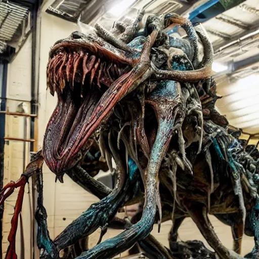 Image similar to photo taken of an epic intricate, ultra detailed, super realistic gritty, hero prop, exquisitely painted animatronic movie prop of a grotesque wet, slimy nightmarish hellish alien creature displayed in the workshop, created by weta workshop, full body shot, photorealistic, sharp focus