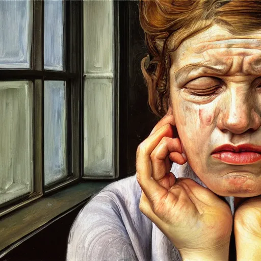 Image similar to high quality high detail painting by lucian freud, hd, crying young woman portrait by the window, photorealistic lighting