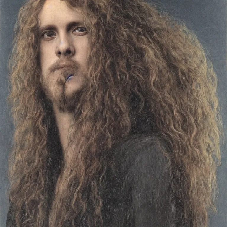 Image similar to Pre-Raphaelite portrait of 1980s thrash metal band leader singer, with very long blond hair and grey eyes