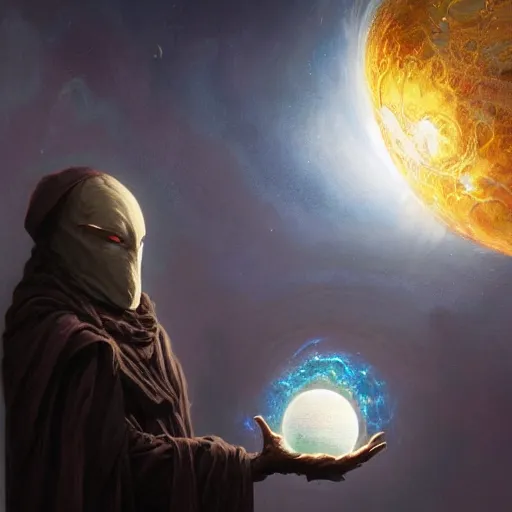 Image similar to creator of worlds wearing a cloak, masked, and holding a holographic planet projection in his hand, detailed, sci - fi, digital painting, artstation, sharp focus, illustration, ominous, artgerm, tomasz alen kopera, peter mohrbacher, donato giancola, joseph christian leyendecker, wlop, frank frazetta