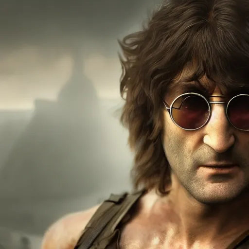 Image similar to john lennon as rambo, ultra realistic, concept art, intricate details, highly detailed, photorealistic, octane render, 8 k, unreal engine, art by frank frazetta, simon bisley, brom