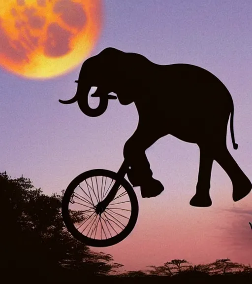 Image similar to elephant riding a flying bike across the full moon as silhouette, from the movie e. t. the extra terrestrial, with dark trees in foreground, cinematic frame by steven spielberg, hd