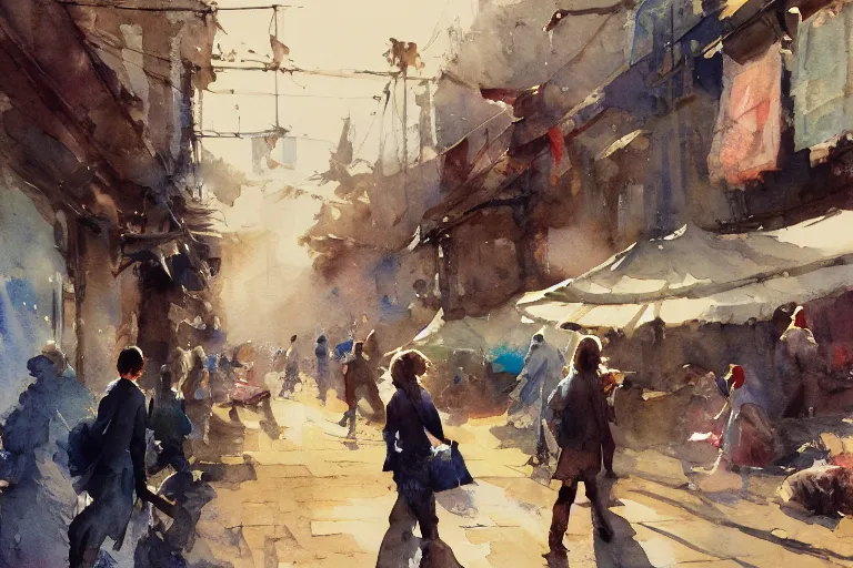 Image similar to small centered on watercolor paper, paint brush strokes, abstract watercolor painting of ancient cloth velved and silk market, fabrics, cinematic light, national romanticism by hans dahl, by jesper ejsing, by anders zorn, by greg rutkowski, by greg manchess, by tyler edlin