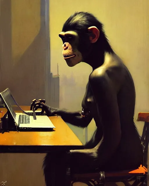 Image similar to cyberpunk chimpanzee cyborg at the computer. art by greg rutkowski, gustave courbet, rosa bonheur, edward hopper. faithfully depicted facial expression, perfect anatomy, sharp focus, global illumination, radiant light, detailed and intricate environment, trending on artstation