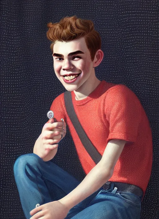 Image similar to portrait of teenage archie andrews, freckles, curly middle part haircut, curly hair, smiling kindly, friendly, 1 9 5 0 s, intricate, elegant, glowing lights, highly detailed, digital painting, artstation, concept art, smooth, sharp focus, illustration, art by wlop, mars ravelo and greg rutkowski