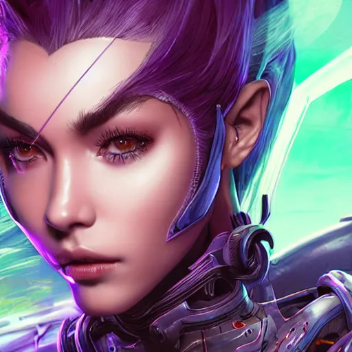 Image similar to close up portrait of a madison beer in smooth purple sci - fi armor, long black ponytail, elegant, intense, woman, an ultrafine hyperdetailed illustration by kim jung gi, irakli nadar, intricate linework, sharp focus, bright colors, octopath traveler, final fantasy, unreal engine 5, global illumination, radiant light