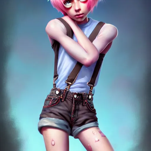 Image similar to full body pose, pixar, beautiful androgynous girl, pink pixie cut hair, torn overalls, short shorts, combat boots, fishnets, beautiful, highly detailed face, true anatomy!, extremely detailed!, digital painting, unreal engine 5, art by tom bagshaw