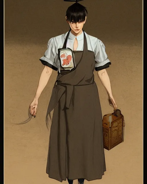 Prompt: cottagecore, south Korean male, wearing a maid dress, short, Levi Ackerman, short hair, pointy nose, annoyed. elegant. highly detailed, digital painting, artstation, concept art, smooth, sharp, focus, illustration. art by artgerm and greg rutkowski alphonse mucha and Marat Safin