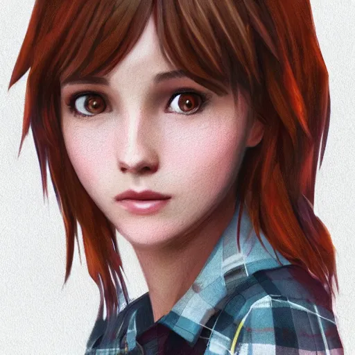 Prompt: max caulfield wearing a red plaid flannel shirt, life is strange, fantasy, intricate, young girl, highly detailed, digital painting, artstation, concept art, smooth, sharp focus, illustration, unreal engine