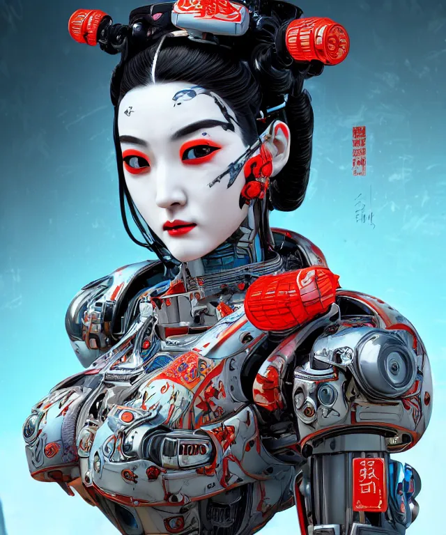 Prompt: an epic fantastic realism comic book style portrait painting of a japanese robotic geisha with kanji tattoos and decals, apex legends, octane render, intricate detail, 4 k hd, unreal engine 5, ex machina, irobot