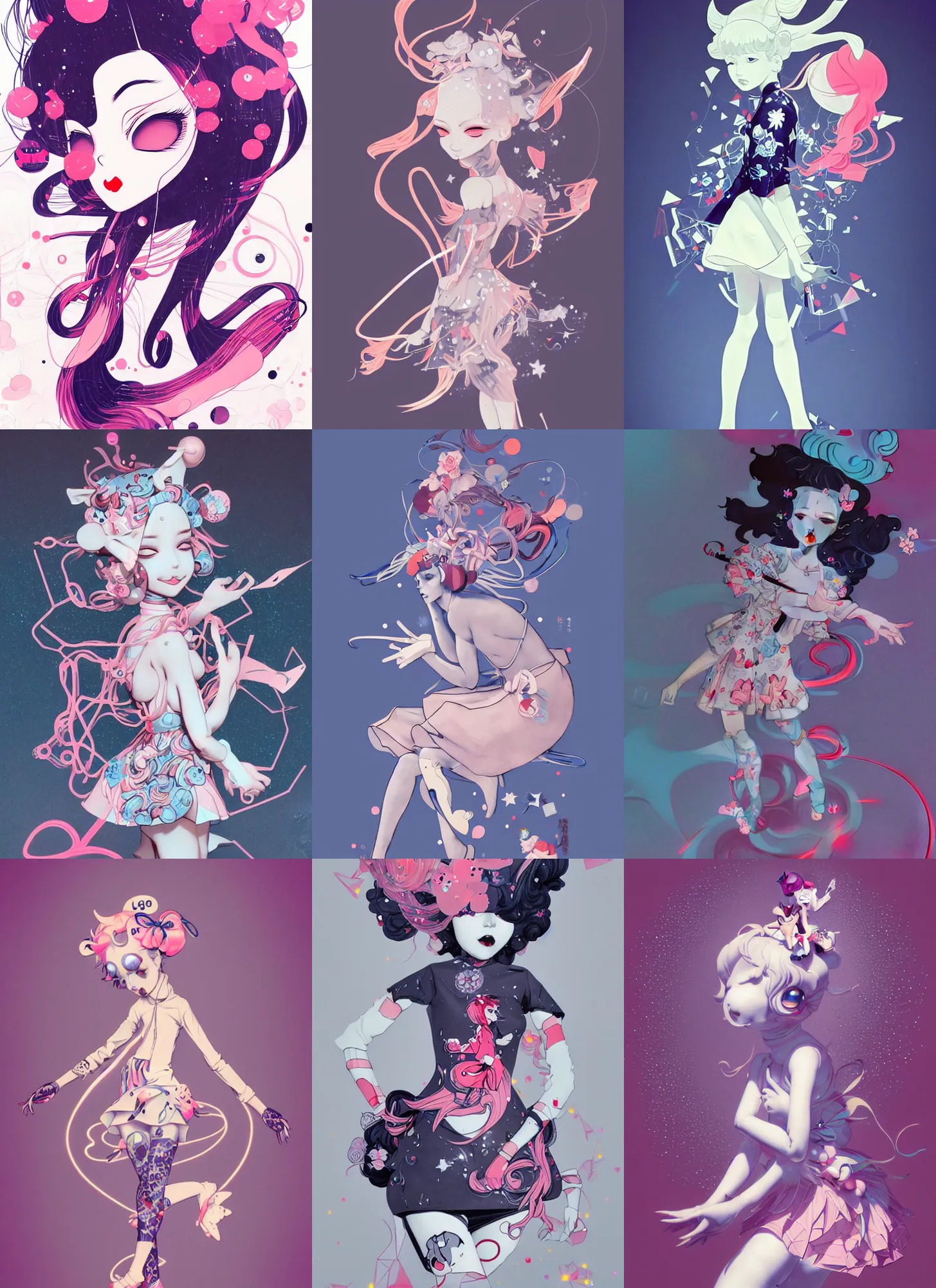 Prompt: james jean isolated vinyl figure curvy harajuku magical girl pretty character design, figure photography, dynamic pose, holographic undertones, motion shapes color design, glitter accents on figure, anime stylized, sharp focus, accurate fictional proportions, high delicate defined details, ethereal lighting
