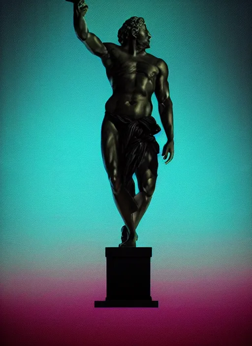 Prompt: statue of hercules, beeple, vaporwave, retrowave, abstract geometric neon shapes, black background, glitch, pixel sorting, strong contrast, pinterest, trending on artstation
