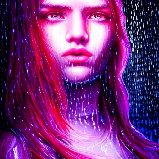 Image similar to bright asthetic portrait LSD glowing backlit rain on face and wet hair in strands, overhead lighting, fantasy, intricate, elegant, dramatic lighting, highly detailed, lifelike, photorealistic, digital painting, artstation, illustration, concept art, smooth, sharp focus, art by John Collier and Albert Aublet and Krenz Cushart and Artem Demura and Alphonse Mucha