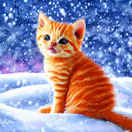 Prompt: cute fluffy orange tabby kitten sitting in snowy winter landscape detailed painting 4 k