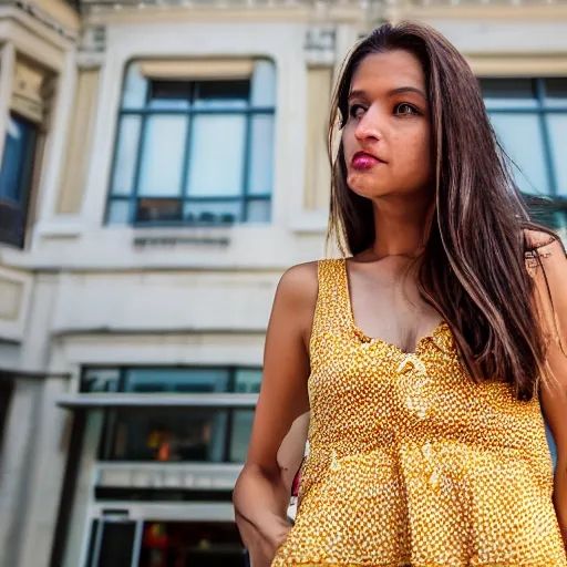 Image similar to close up portrait of a beautiful, attractive brown hair woman, wearing a yellow sundress, in downtown Los Angeles